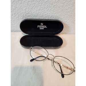 Fendi Oval Eyeglasses‎ Gold Frame only Logo Temples Black Arms with Case vintage